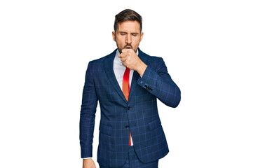 Handsome man with beard wearing business suit and tie feeling unwell and coughing as symptom for cold or bronchitis. health care concept.