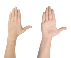 Man showing pale hand on white background, closeup. Anemia symptom