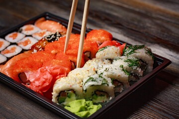 rolls red ginger restaurant delicacy asian cuisine wood background