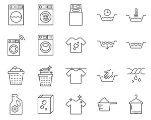 Set of laundry and drying machine line vector icons.