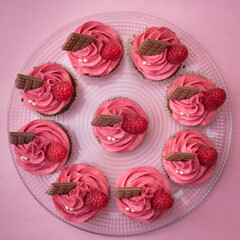 Round plate with cupcakes and raspberry cream on pink background