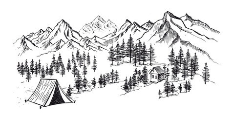 Camping in nature near mountains, hand drawn style, vector illustrations. 	