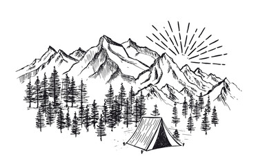 Camping in nature, Mountain landscape, sketch style, vector illustrations. 	 - obrazy, fototapety, plakaty