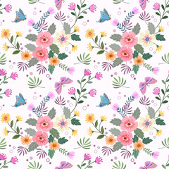 Floral seamless pattern with pink monochrome background for fabric, textile, and wallpaper.