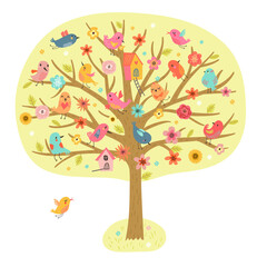 Tree with birds and flowers 