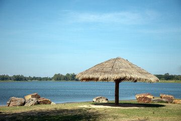 landscape of water pond and hut for relax