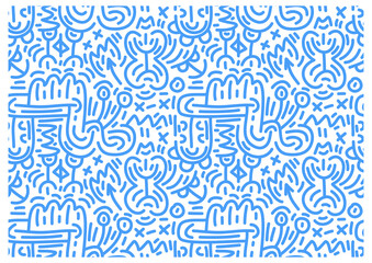 Pattern drawn by a line of doodles forming abstract faces, characters and objects.