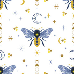 Ornate celestial cosmic bee vector seamless pattern. Decorative boho magical whimsical honeybee insect surface print design.  - obrazy, fototapety, plakaty