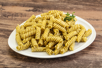 Italian pasta Fusilli with pesto