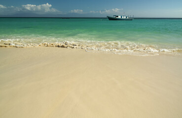 sandy beach and foamy sea water, boat on the water