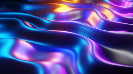 Abstract background, liquid metal waves with neon colors, interesting texture 3D Render illustration.