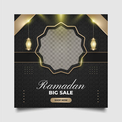Social Media Post or Banner Template in Black and Gold Concept for Ramadan Sale Promotion with Luxury Decorations and Gold Lanterns