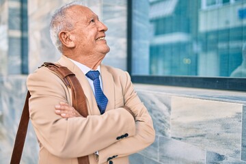 Senior grey-haired businessman smiling happy standing at the city.