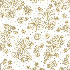 Chamomile wildflower line art vector seamless pattern. Botanical doodle daisy dots background. Hand drawn linear neutral one colour floral backdrop print.