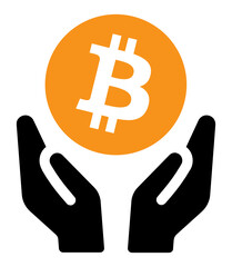 Hold bitcoin in hands. Digital gold crypto currency vector icon