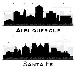 Naklejka premium Santa Fe and Albuquerque New Mexico City Skyline Silhouette Set.