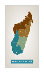 Madagascar map. Country poster with regions. Old grunge texture. Shape of Madagascar with country name. Powerful vector illustration.