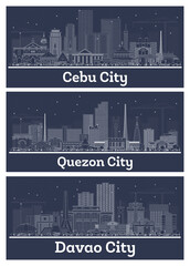 Outline Quezon, Davao, Cebu City Philippines Skyline Set.