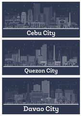 Outline Quezon, Davao and Cebu City Philippines City Skyline Set.