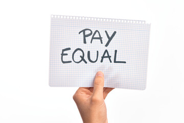 Cardboard banner protesting for equal payment for women and men over isolated white background