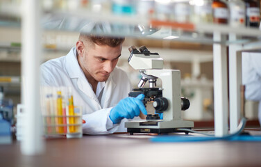 A young male chemistry student adjusts a microscope in a laboratory. Science, chemistry, lab, people