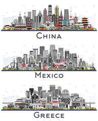 Mexico, Greece and China City Skyline Set.