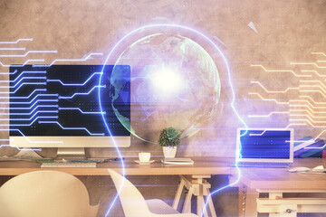 Multi exposure of brain drawing and office interior background. Concept of data technology.