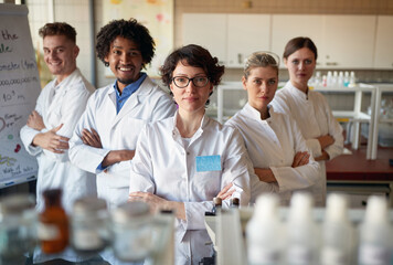 Group of young laboratory technicians