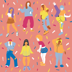 Fototapeta na wymiar Crowd of young girls dancing at club. Big set of characters having fun at party. Flat colorful vector illustration