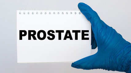 The doctor's blue - gloved hands show the word PROSTATE - . a gloved hand on a white background....