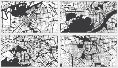 Wuxi, Hangzhou, Hefei and Harbin China City Map Set.