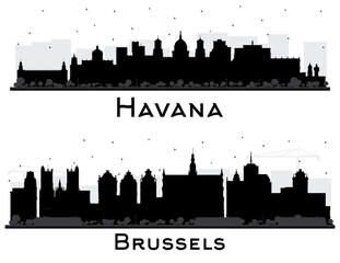 Obraz premium Brussels Belgium and Havana Cuba City Skyline Silhouette Set.