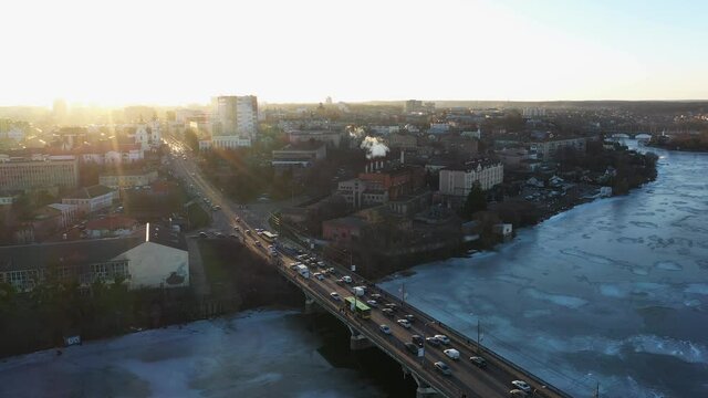 The Vinnytsia city in Ukraine at the winter aerial sunset view.
