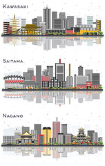 Fototapeta premium Saitama, Nagano and Kawasaki Japan City Skyline Set.