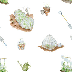 Hand drawn watercolor illustration, eanglish-style garden glass greenhouse with watering can. Village gardering composition clipart, isolated on a white backgroun.
