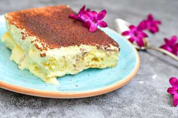 Homemade ketogenic tiramisu cake . Sweet Italian dessert   made   with almond flour , mascarpone, cream, erythritol, cocoa, coffee and  bio egg