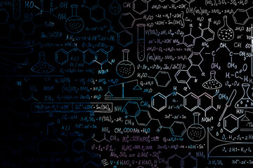 Hand drawn science formulas on chalkboard for background.