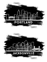 Jacksonville Florida and Portland Oregon City Skyline Silhouette Set.