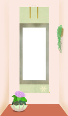 紫のあじさいの苔玉（傘型のうつわ）と掛軸（白い文字スペースあり）の和モダンな床の間飾りのイラスト