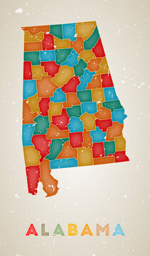 Alabama map. Us state poster with colored regions. Old grunge texture. Vector illustration of Alabama with us state name.