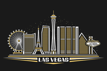 Vector illustration of Las Vegas, horizontal poster with simple design buildings and outline landmarks, urban concept with modern city scape and decorative font for words las vegas on dark background. - obrazy, fototapety, plakaty