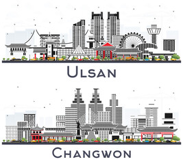 Changwon and Ulsan South Korea City Skyline Set.