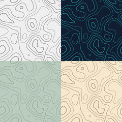 Topography patterns. Seamless elevation map tiles. Attractive isoline background. Artistic tileable patterns. Vector illustration.