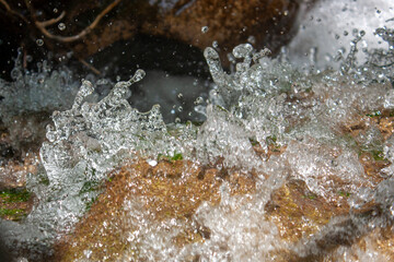 Splashes of water close-up. Different colors of water spray in the stream. The water droplets froze in the air