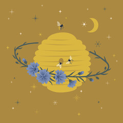 Floral cosmic beehive planet vector illustration. Decorative whimsical Saturn hive with bloomy rings and bees on starry night sky background. Boho aesthetic honeybee blooming space poster design