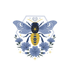 Ornate cosmic bee with celestial ornament in floral frame vector illustration. Symmetrical honeybee folk art emblem. Apiculture decorative folksy ornament. 