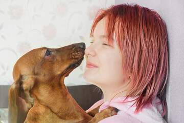 Dog red dachshund nose to nose with its owner. Close-up portrait. Pet love concept