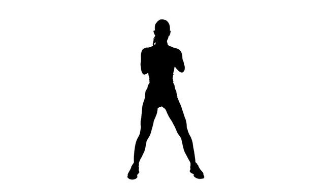Aerobics exercises silhouette of fit woman doing side step touch movement. Full body on white screen background