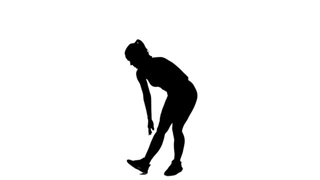 Silhouette of fitness woman runner stretching hamstring legs exercise. Full body on white screen background