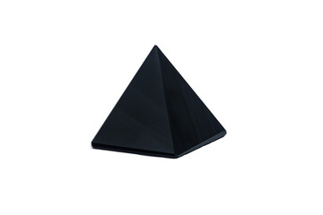 Black pyramid made of obsidian stone. Isolated on white background